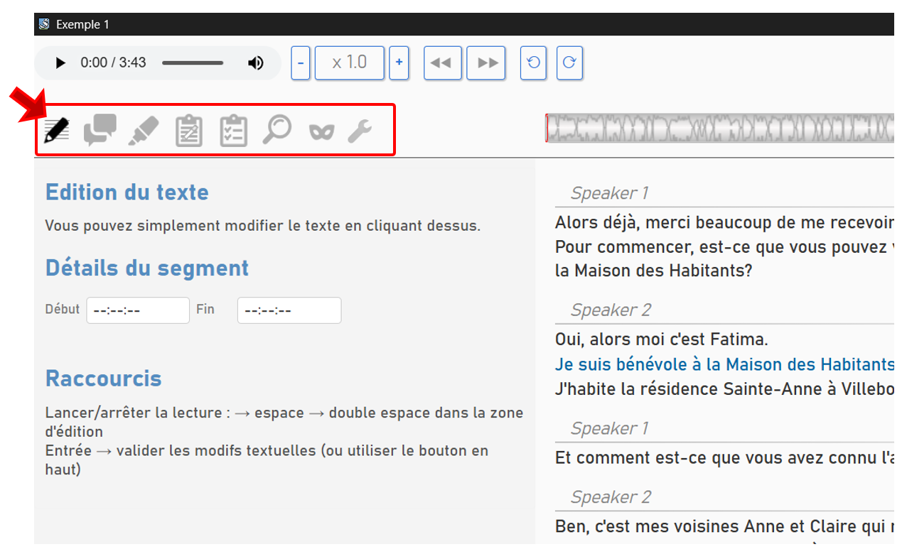 Fenêtre d'édition du texte et audio synchronisés