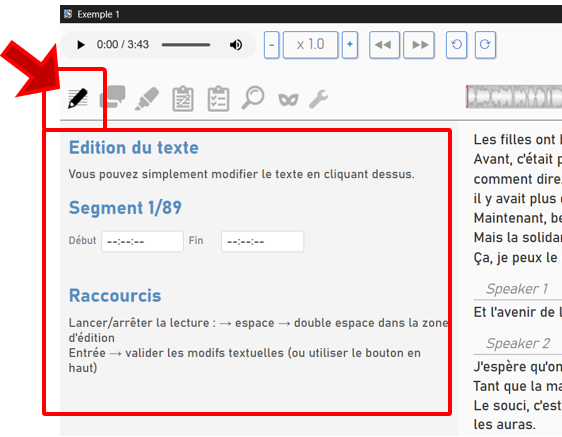 Fenêtre d'édition du texte et audio synchronisés